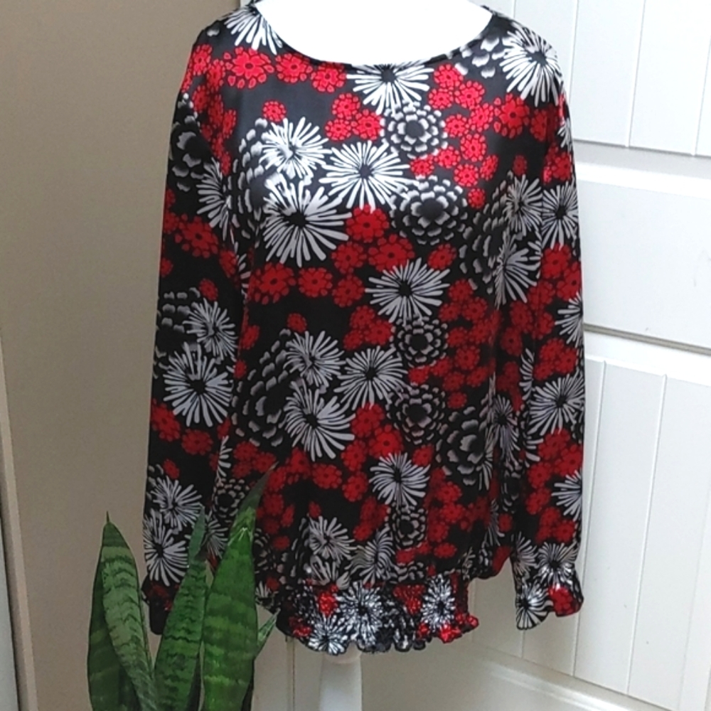Equation black, silver and red flowers pattern long sleeve blouse Plus Size